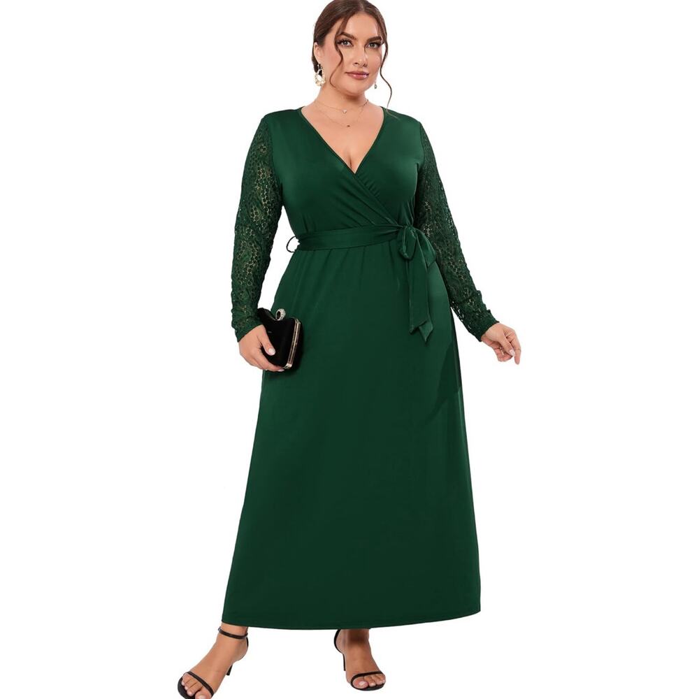 Plus Size 4X Women's Green Lace Long Sleeve V-Neck Maxi Floor Length Dress